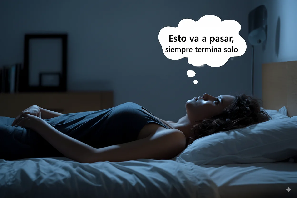 Mujer mexicana profesional acostada en habitación nocturna con luces apagadas, ojos abiertos y expresión tranquila, con nube de pensamiento conteniendo frase calmante sobre parálisis del sueño