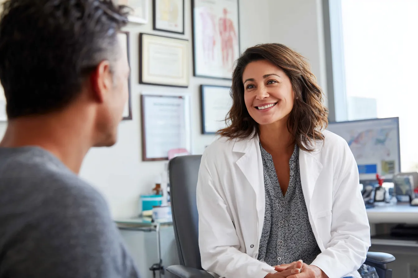 Doctora mexicana profesional atendiendo a paciente masculino en consulta médica, mostrando atención empática para casos de parálisis del sueño
