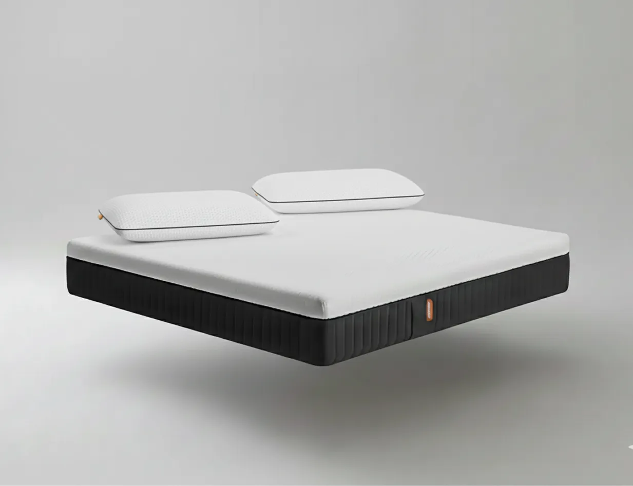 Colchón individual Emma Hybrid Premium memory foam con lateral negro texturizado y etiqueta naranja