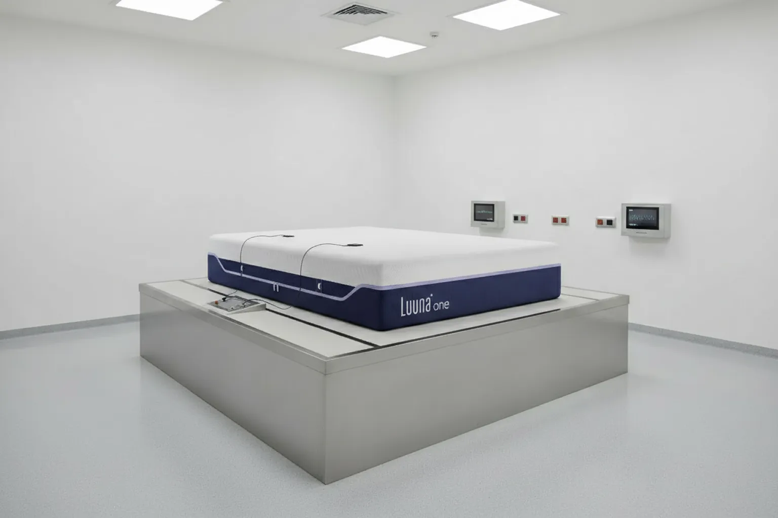 Colchón memory foam Luuna One individual en laboratorio con sensores de distribución de presión y medición de temperatura