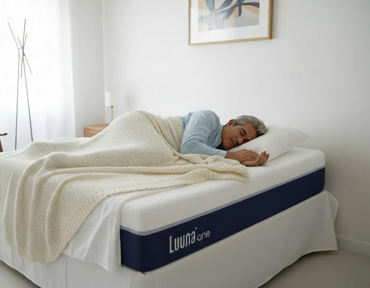 Persona durmiendo de lado en colchón Luuna One Suave memory foam mostrando adaptabilidad y confort sin puntos de presión