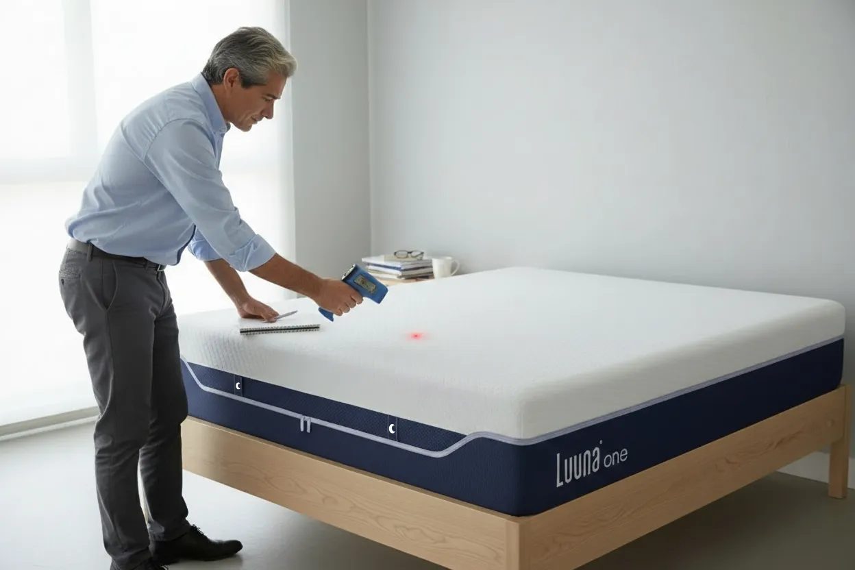 Evaluador midiendo temperatura superficial del colchón Luuna One Suave con termómetro infrarrojo durante prueba de 90 días