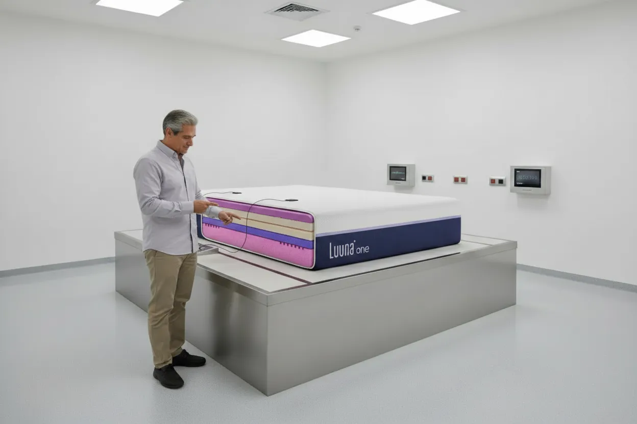 Vista en corte del colchón Luuna One Suave mostrando sistema de 5 capas ergonómicas memory foam y construcción interna