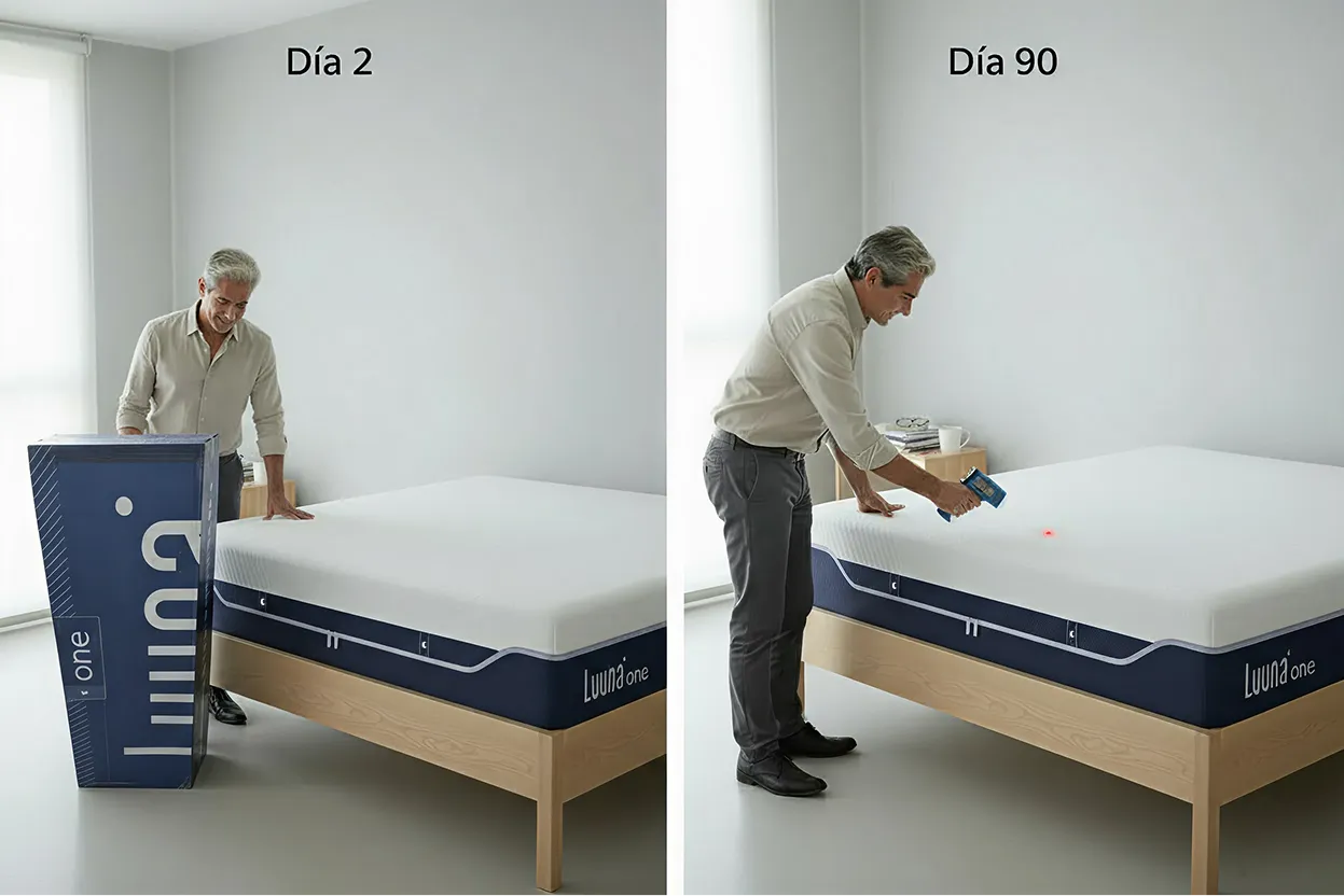 Comparación Día 2 vs Día 90 del colchón Luuna One Suave mostrando expansión inicial y medición térmica tras 90 noches de prueba