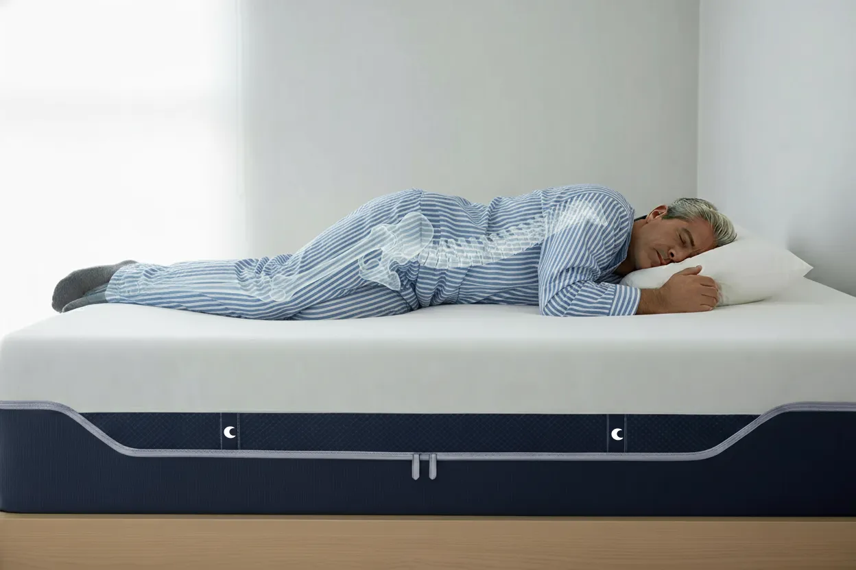 Persona durmiendo de lado en colchón Luuna One Suave mostrando hundimiento natural del hombro y posición lateral confortable