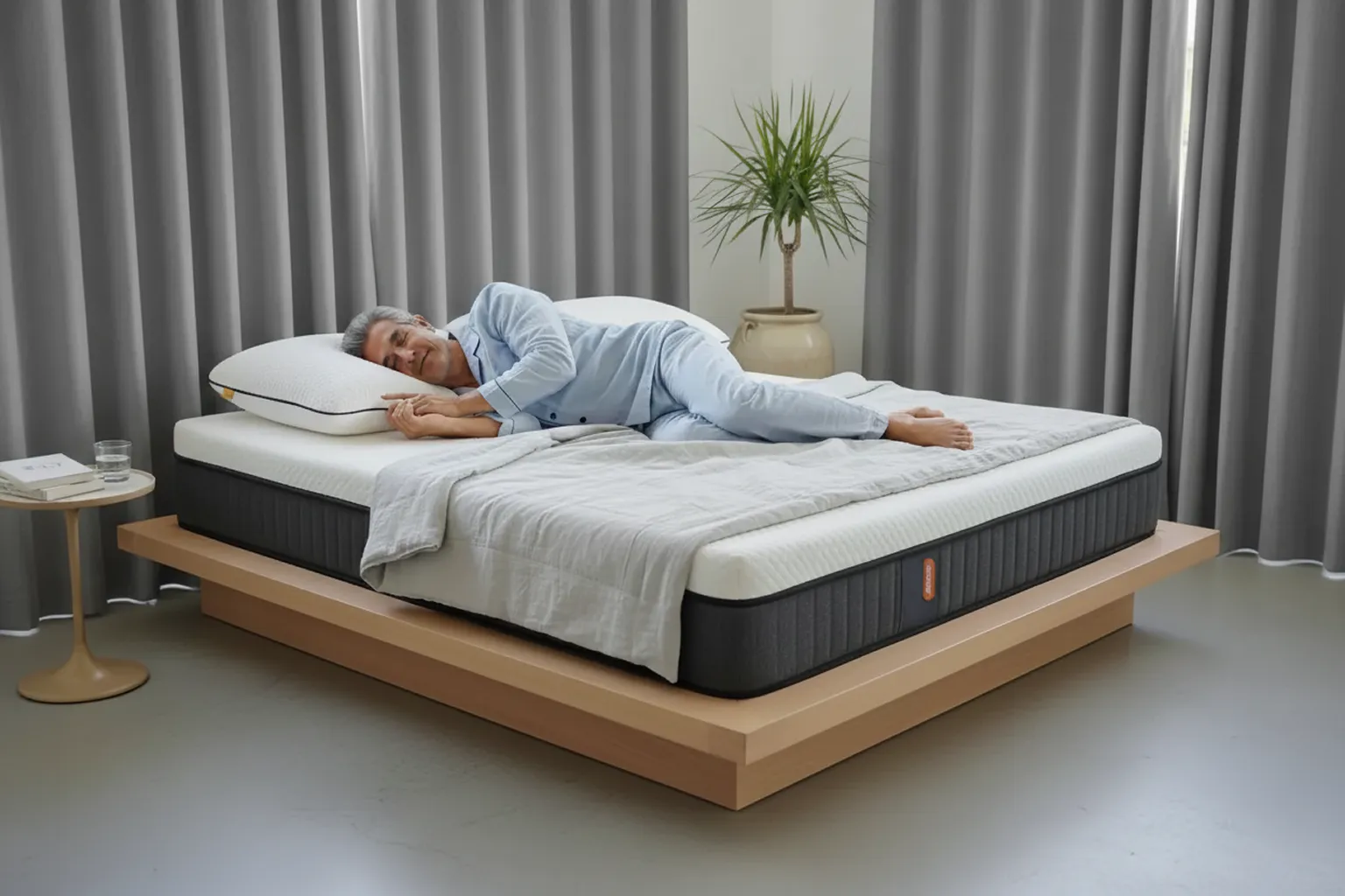 Persona adulta durmiendo de lado sobre un colchón Emma Hybrid Premium individual, mostrando soporte ergonómico y confort en un ambiente moderno