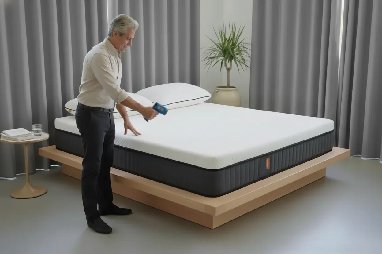 Persona adulta midiendo la temperatura en la superficie del colchón Emma Hybrid Premium individual con pistola infrarroja, para comprobar su frescura y transpirabilidad.