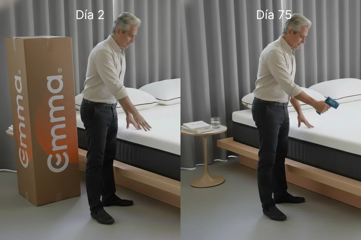 Comparación de persona evaluando el colchón Emma Hybrid Premium individual en el día 2 (junto a la caja) y después de 75 noches de uso, destacando cambios en superficie y confort.