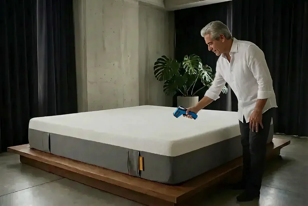 Prueba de firmeza del colchón Emma Original Classic Individual con medidor de presión durante evaluación de 75 noches