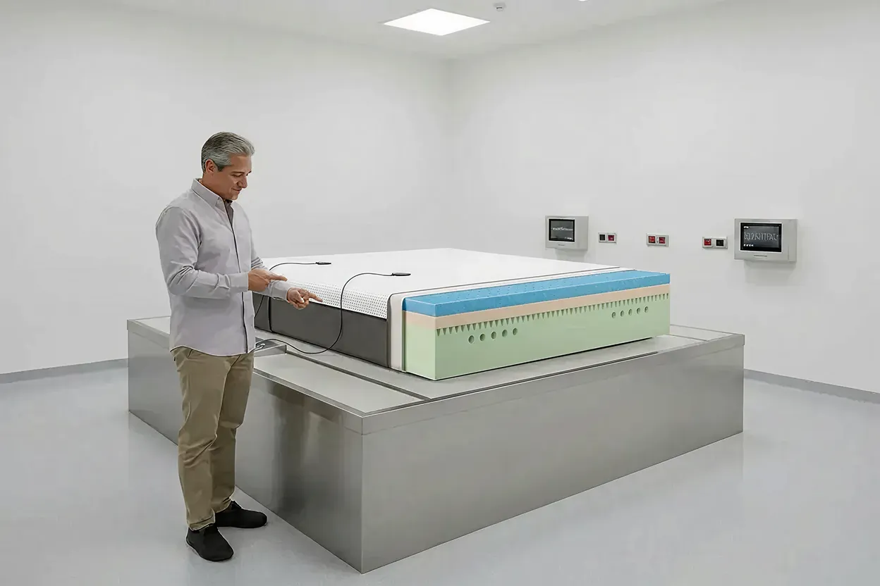 Corte transversal del colchón Emma Original Classic mostrando sus tres capas Airgocell memory foam y espuma HRX de soporte