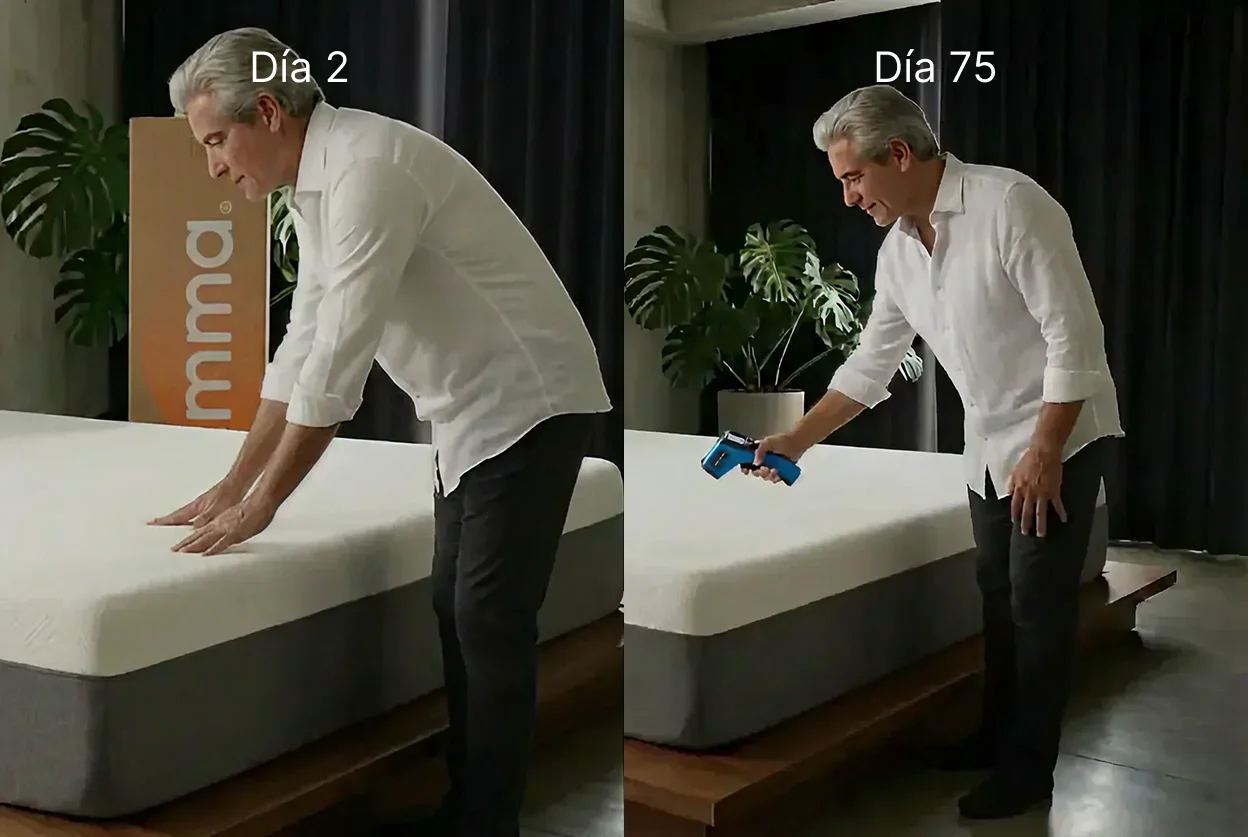 Comparación día 2 versus día 75 del colchón Emma Original Classic Individual mostrando estabilidad sin deformación de espuma