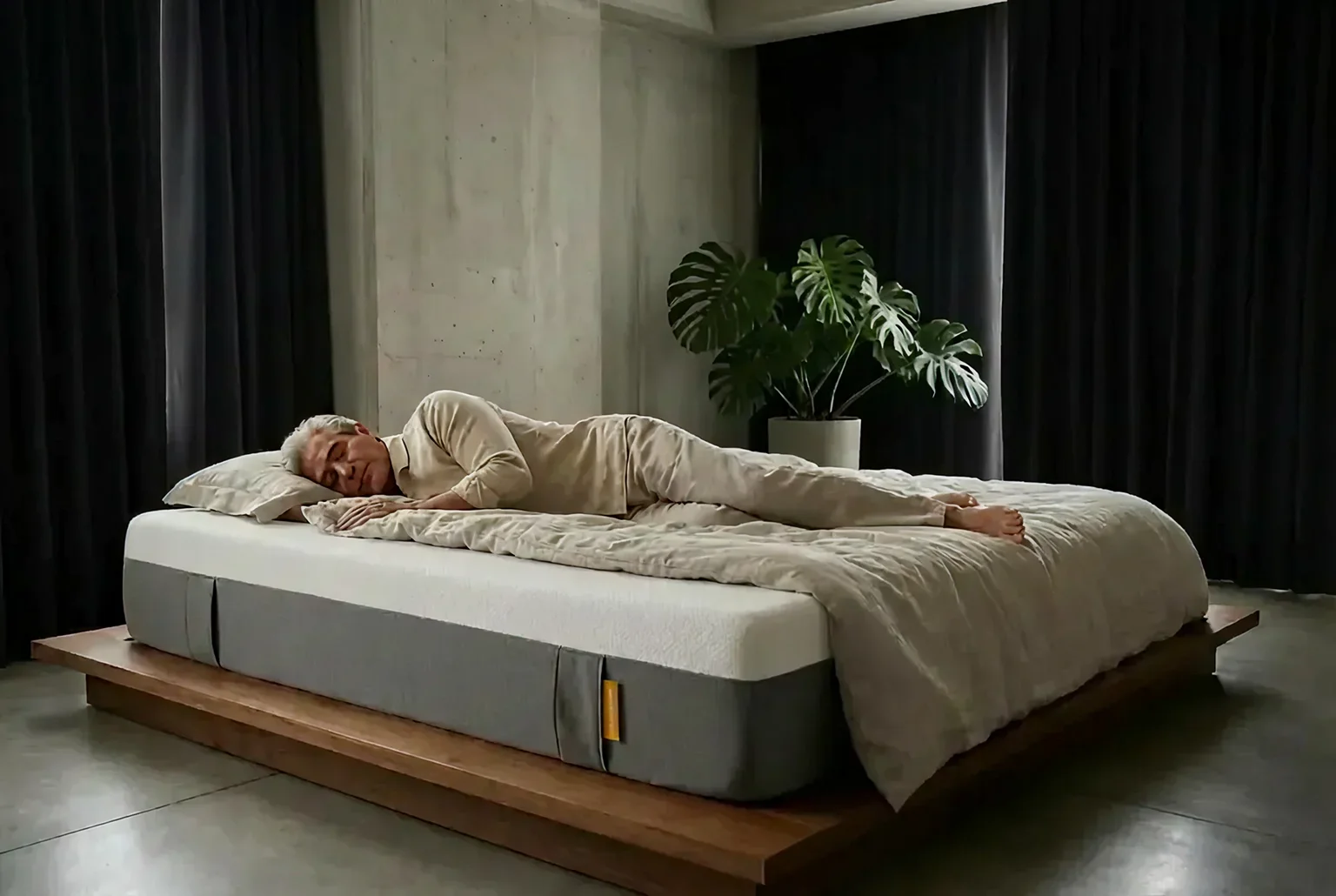 Hombre durmiendo de lado en colchón Emma Original Classic Individual probando alivio de presión