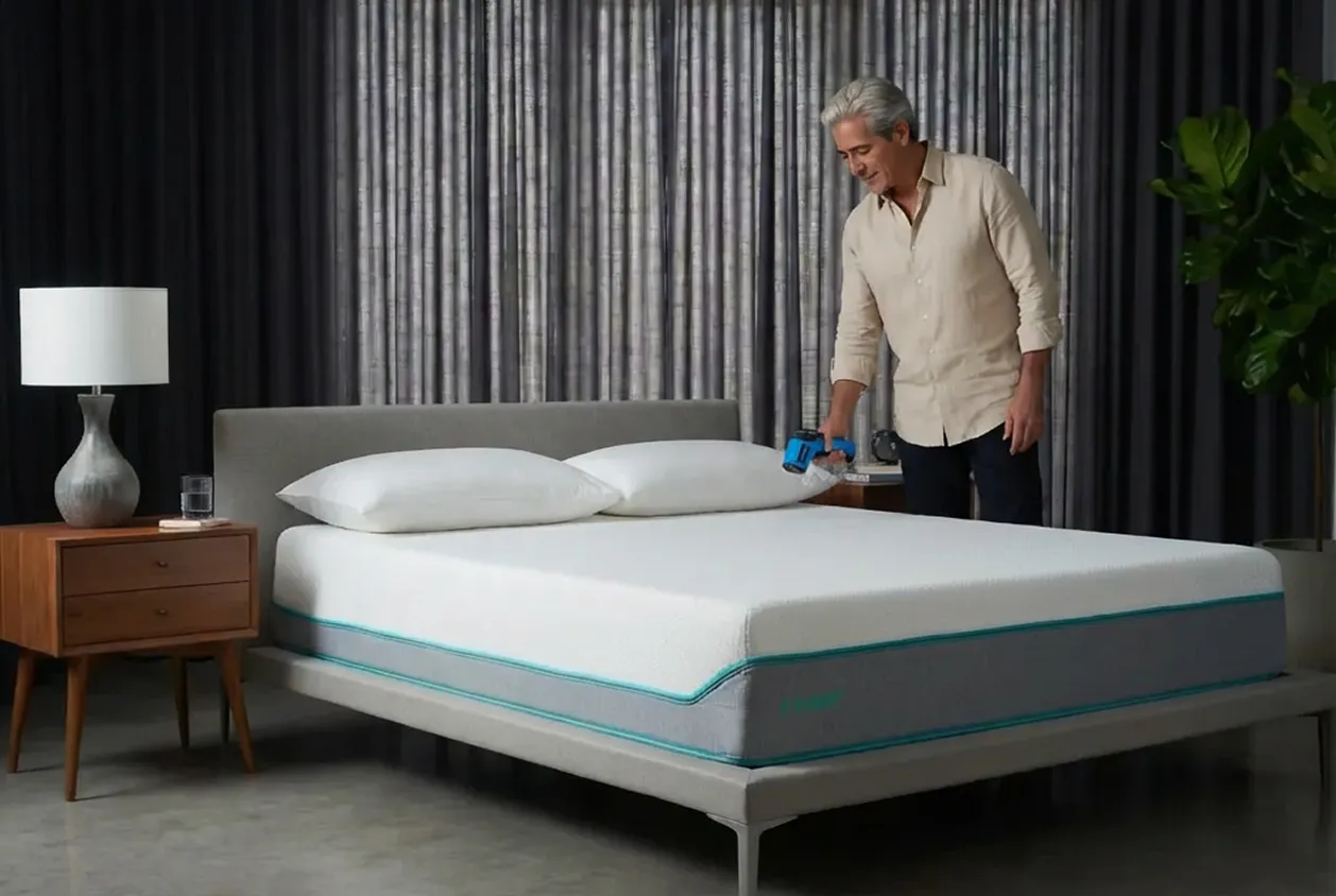 Persona instalando colchón Sognare Base individual blanco con ribete verde azulado en base de cama gris en recámara moderna
