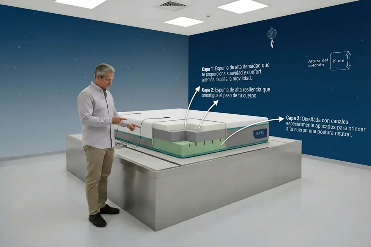 Diagrama técnico colchón Sognare Base mostrando tres capas de espuma de poliuretano con altura total de 21 cm y canales de ventilación