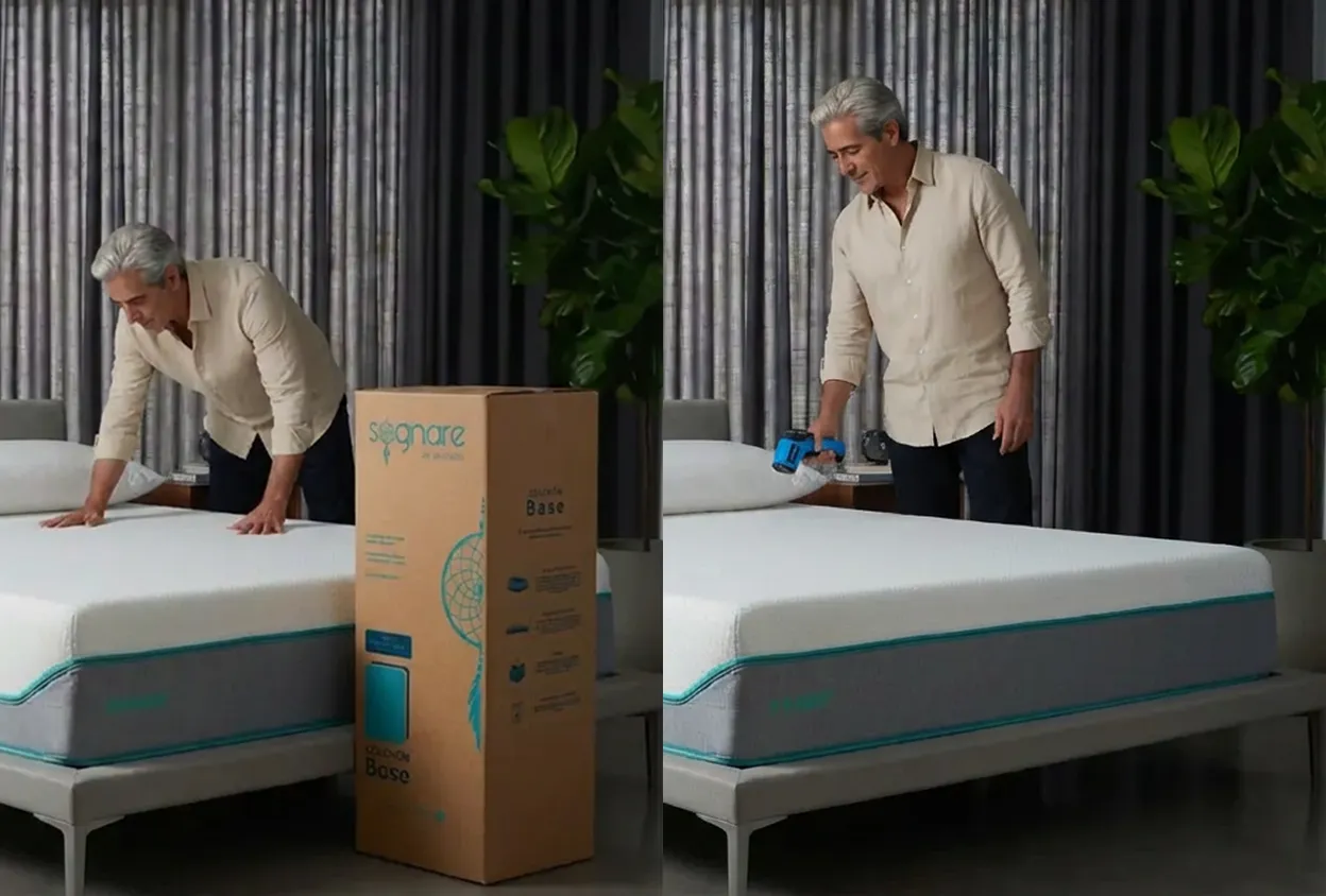 Proceso desempaque colchón Sognare Base desde caja comprimida hasta expansión completa en cama individual blanca con ribete verde