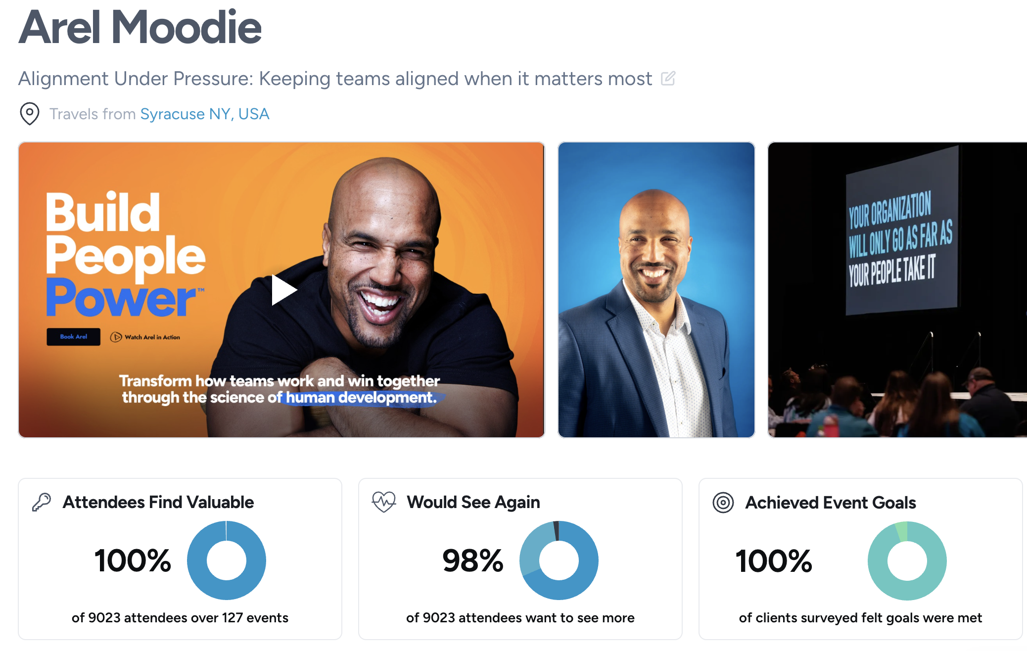 Talkadot facilitator profile showing photos, videos, and lifetime stats: 100% of 9,023 attendees found sessions valuable across 127 events, 98% would see them again, 100% of clients felt event goals were met