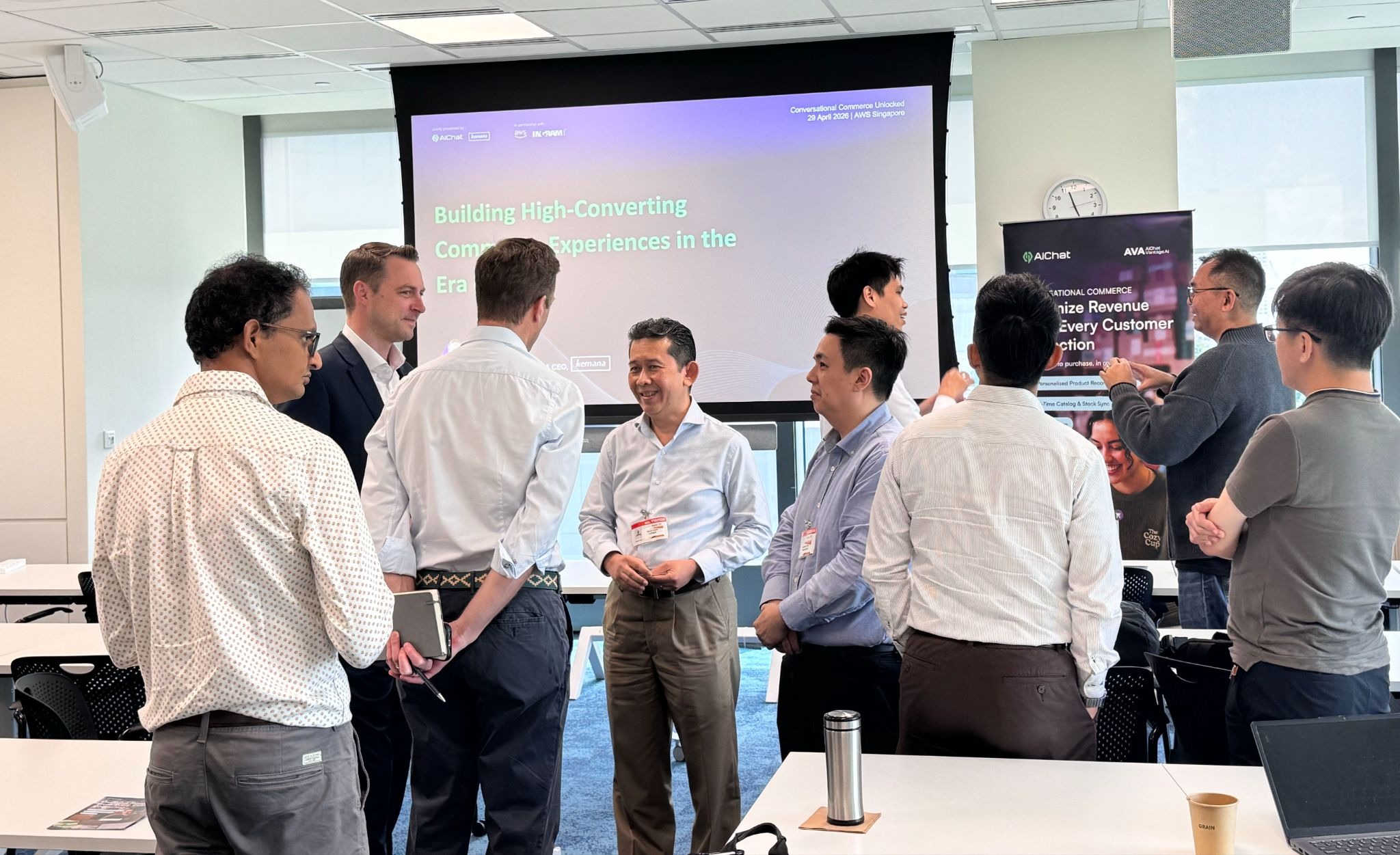 Attendees networking over lunch at the AWS Singapore buffet during Conversational Commerce Unlocked.