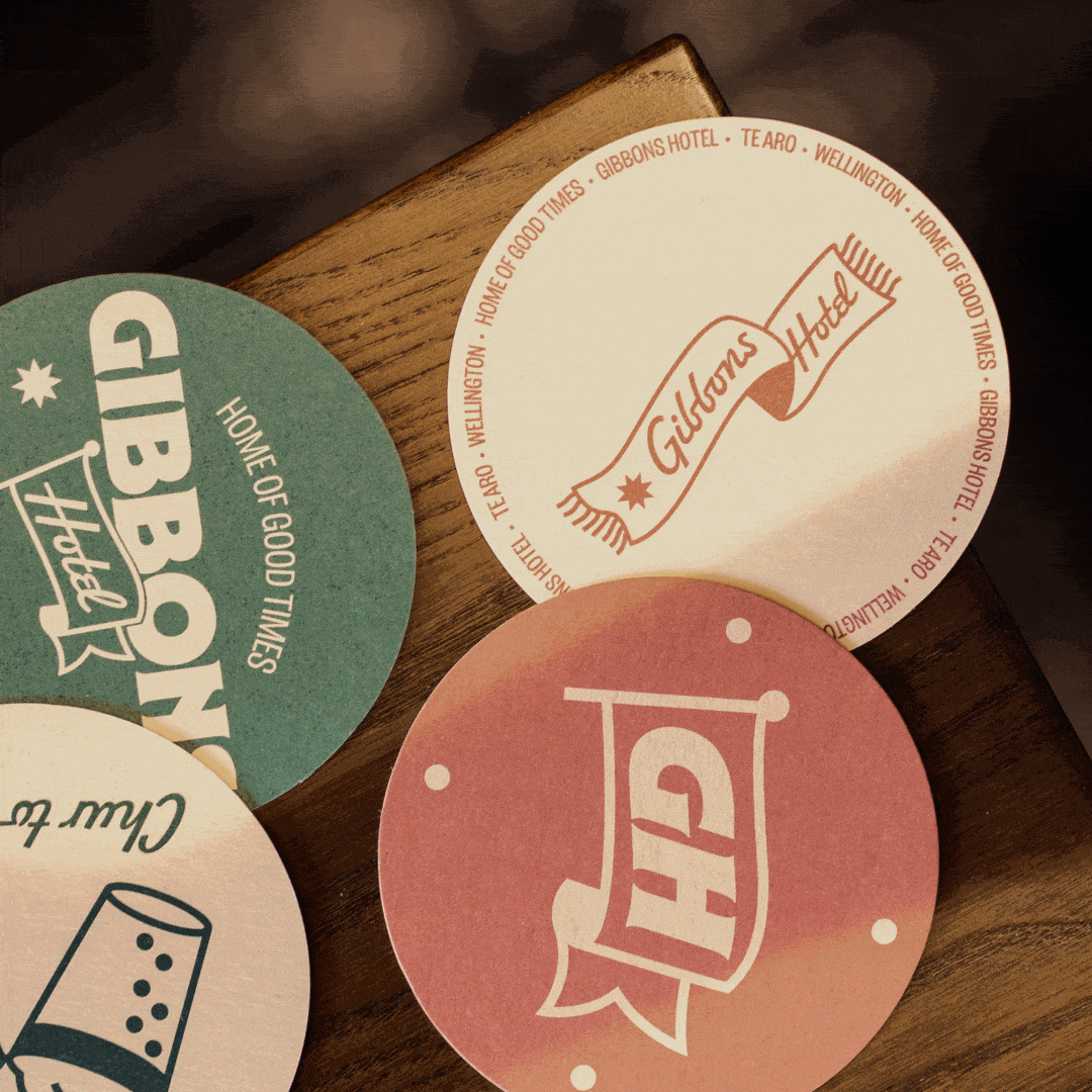 A series of photos of Gibbons Hotel, glasses, coasters and interior