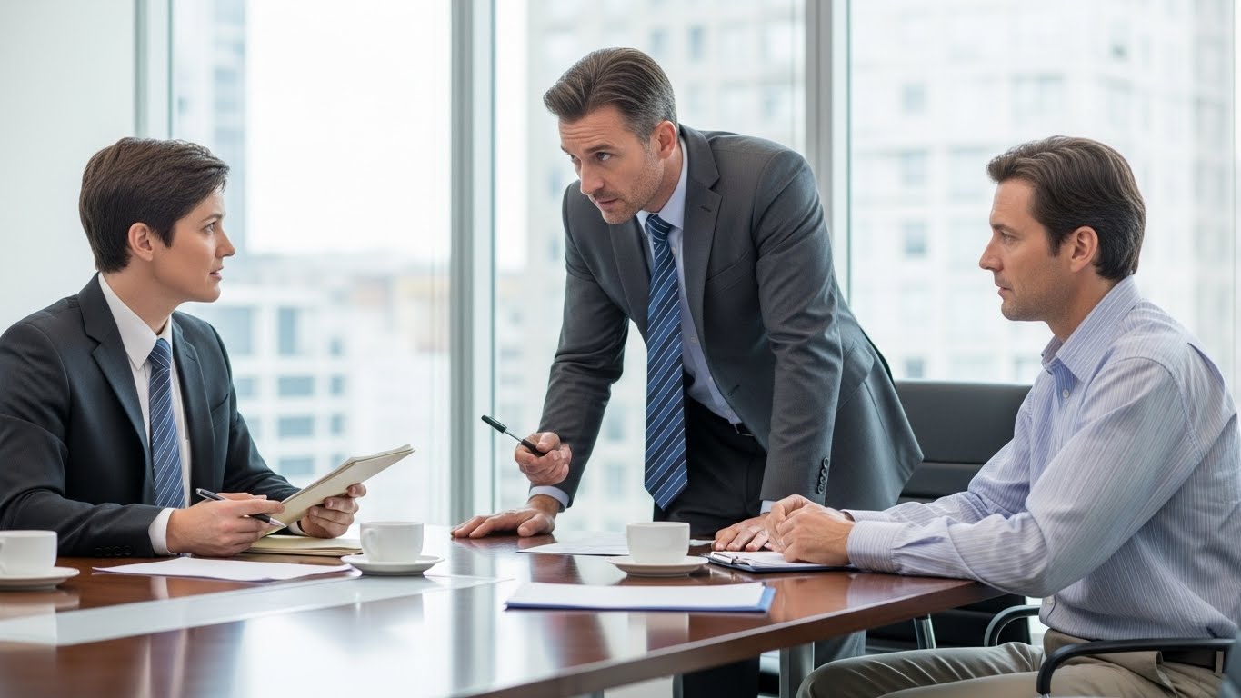 Business professionals discussing a project in a modern office meeting