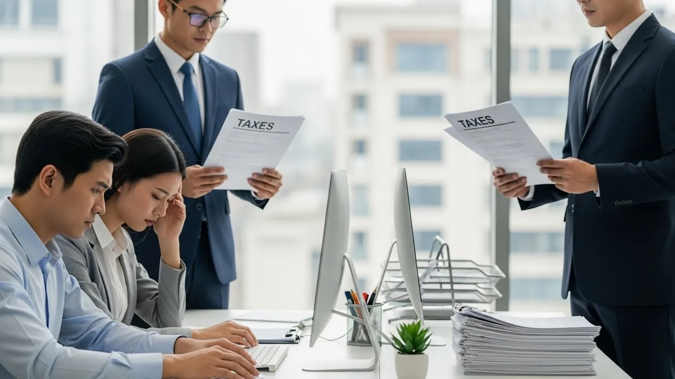 Team discussing taxes and financial documents in a modern office setting