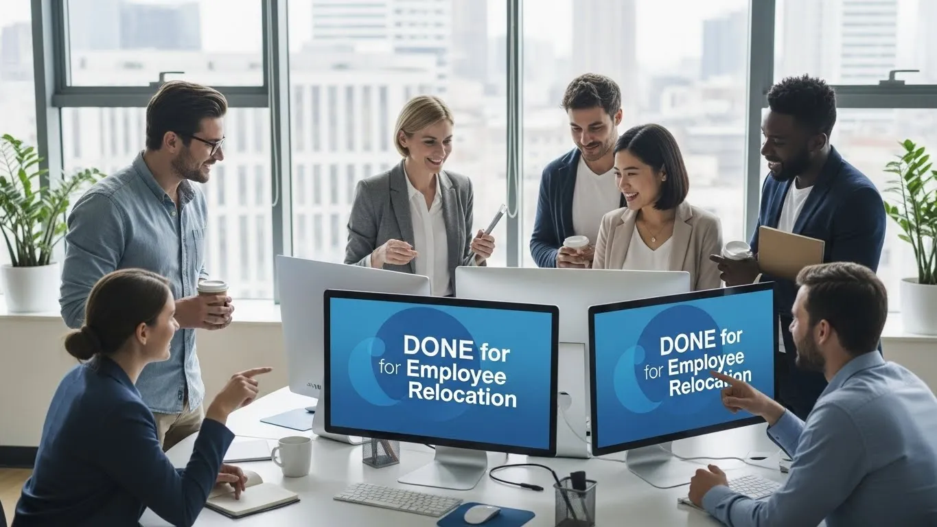 Team celebrating the completion of employee relocation tasks in an office meeting