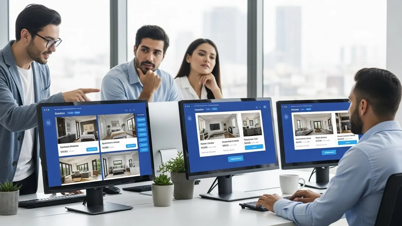 Business professionals discussing employee relocation strategy with data on screens