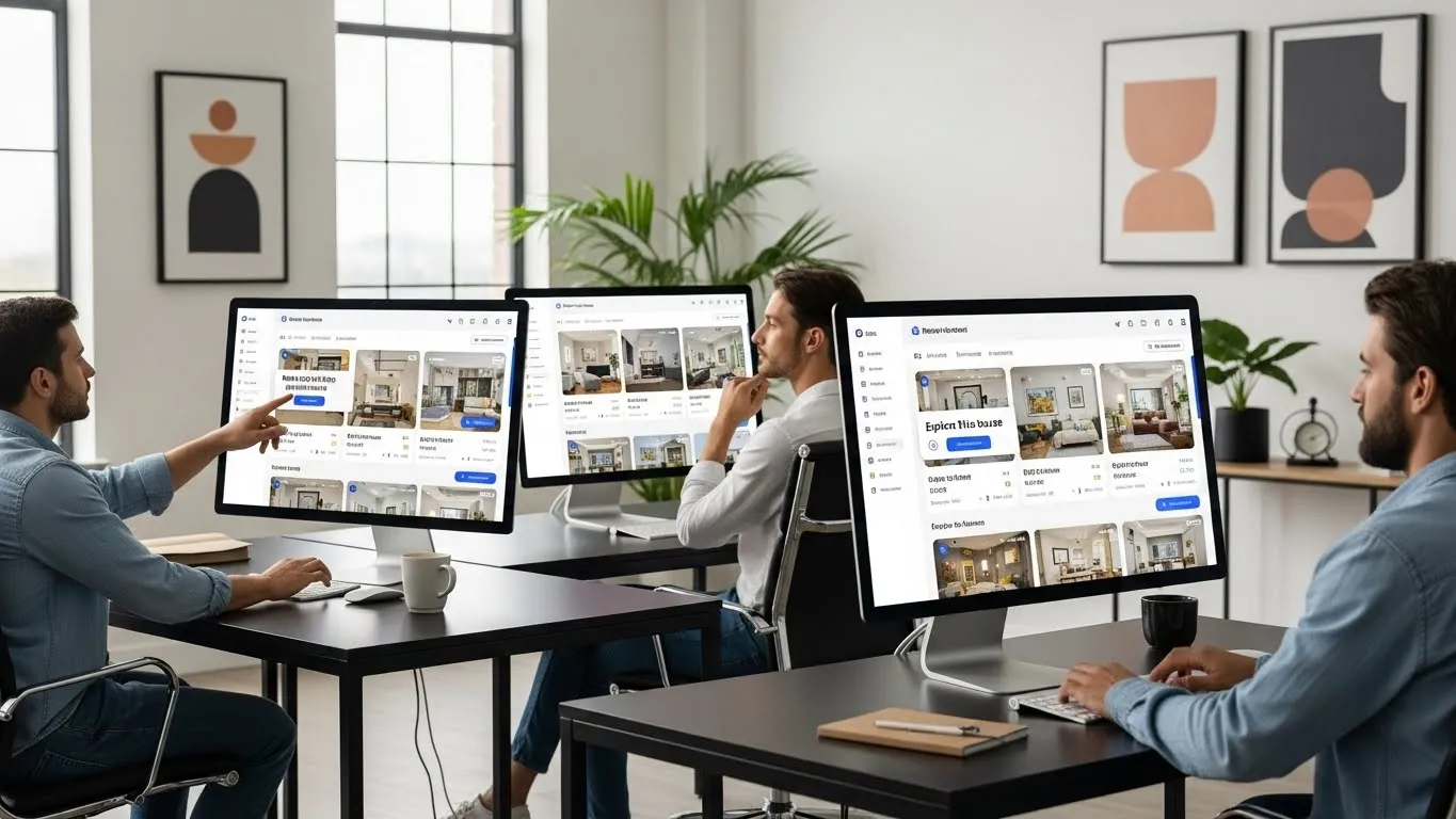 Team analyzing employee relocation options on multiple monitors in an office