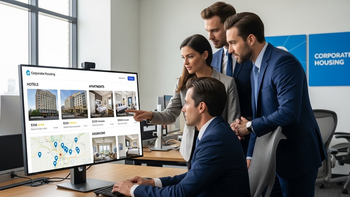 Business professionals discussing corporate housing options for employee relocation on a large monitor