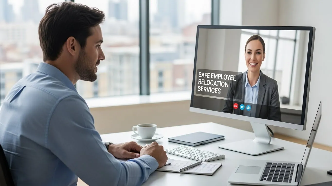Man having a video call with an employee relocation consultant discussing services