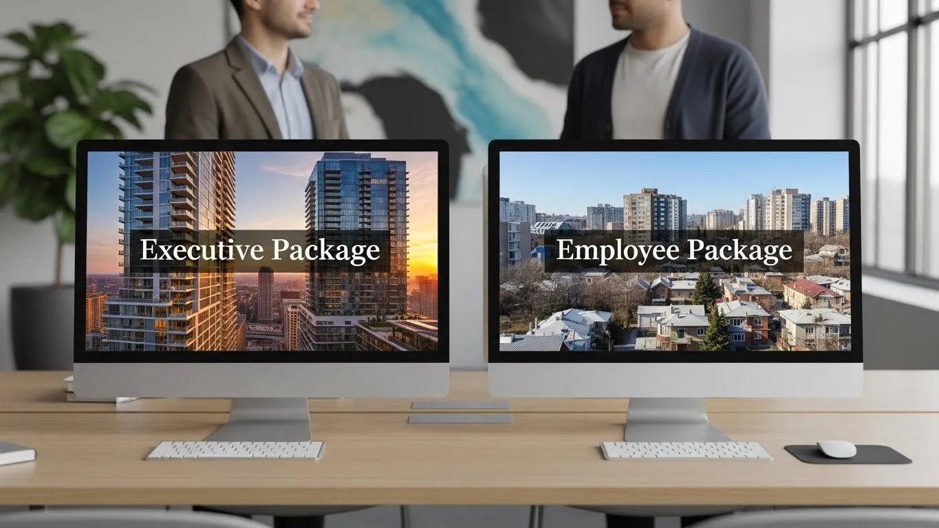 Comparing executive and employee relocation packages on computer screens in a modern office