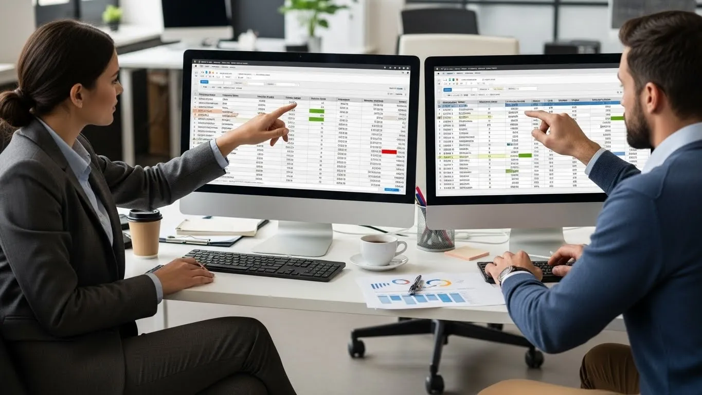 Team reviewing global relocation expense data and spreadsheets in an office