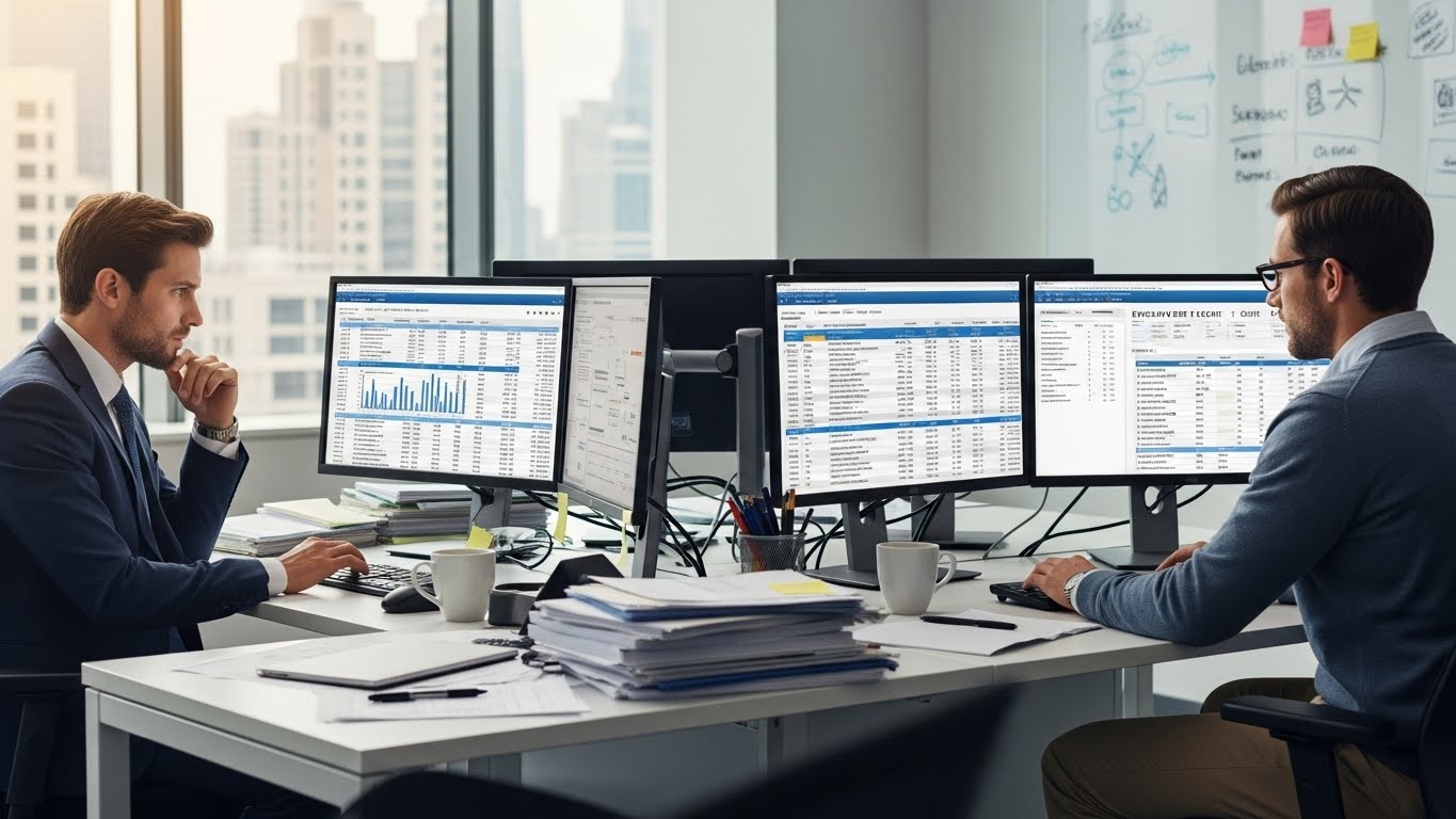 HR professionals analyzing international employee relocation costs on multiple monitors