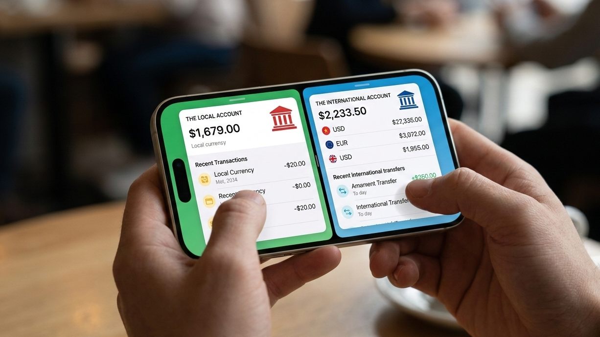 Mobile banking app showing local and international bank accounts with multi-currency balances