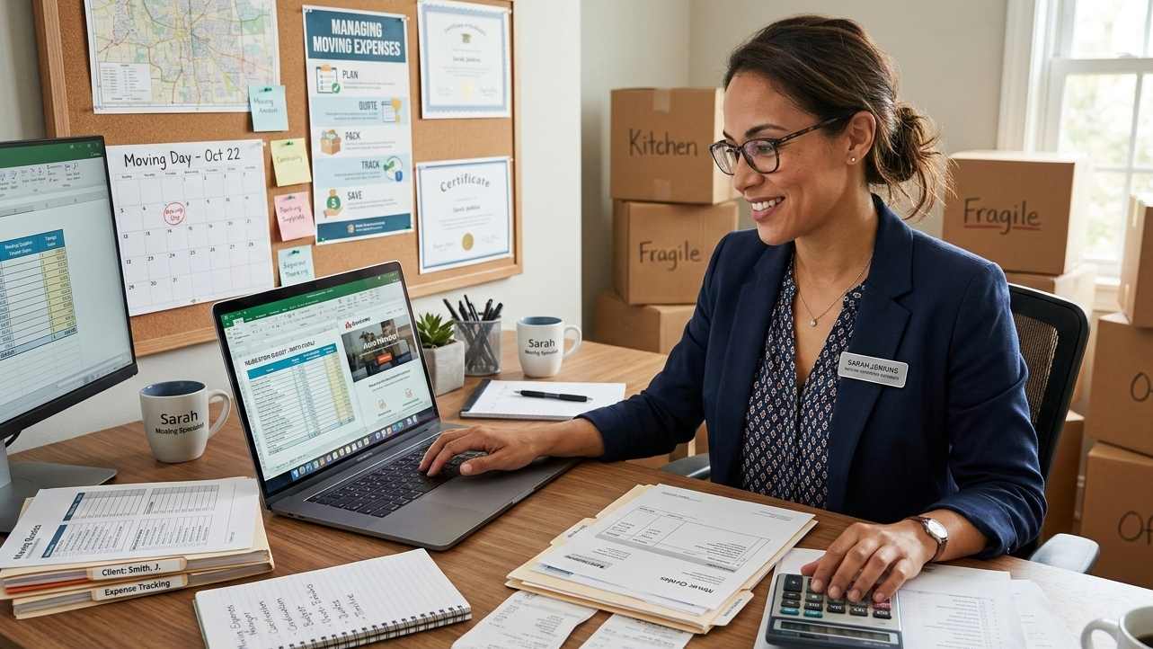 A woman in a business suit sits at a desk, working on a laptop surrounded by papers