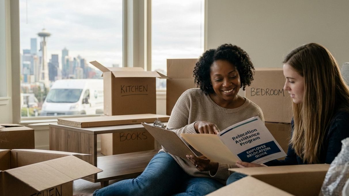 Two women sitting on the floor surrounded by boxes and a book, engaged in conversation