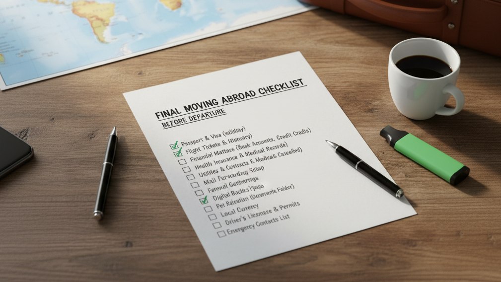 Final moving abroad checklist on desk with passport tasks and travel planning items