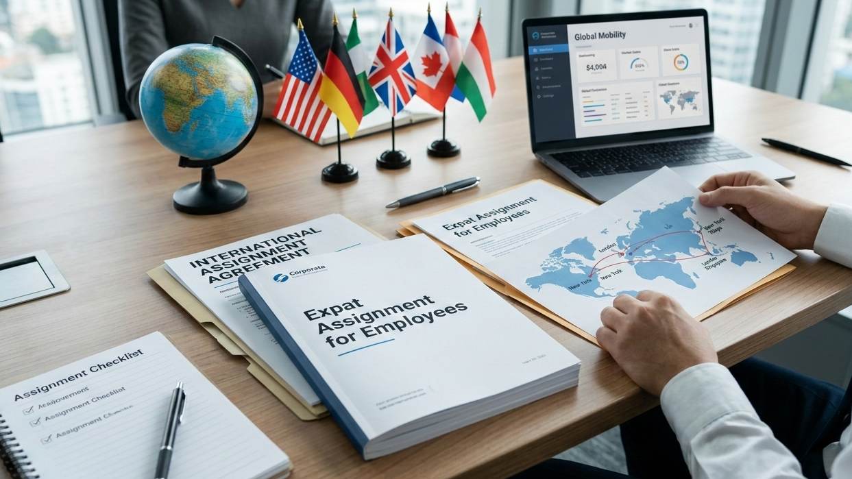 Documents and dashboard showing an expat assignment agreement and global mobility plan for international employees relocating to different countries