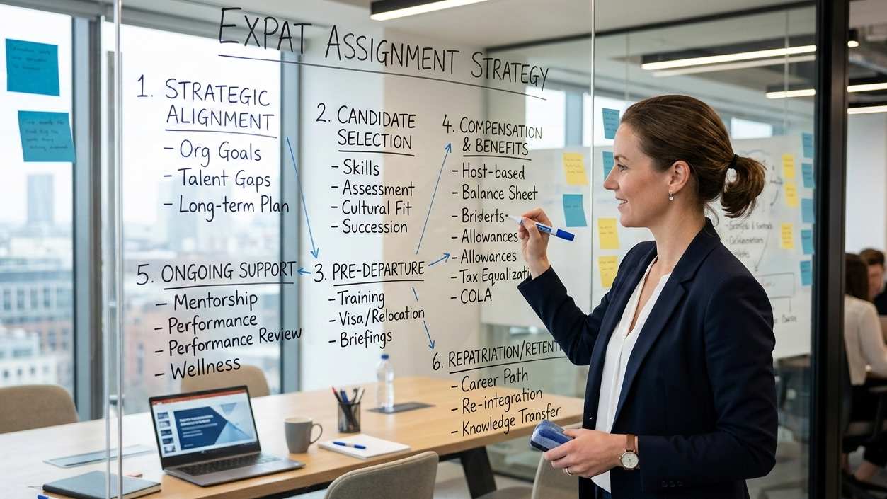 HR manager presenting an expat assignment strategy on a glass board