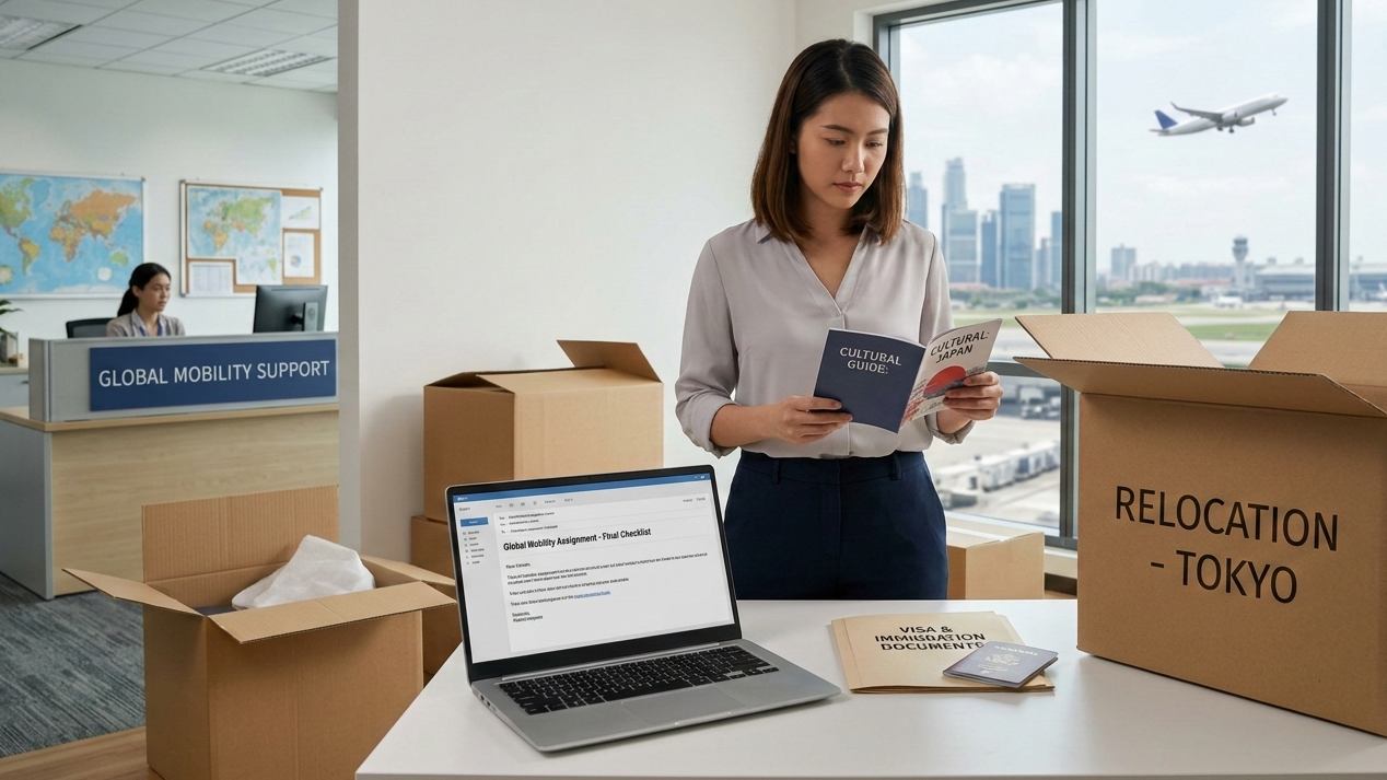 A woman is focused on her laptop at a desk cluttered with boxes and paperwork