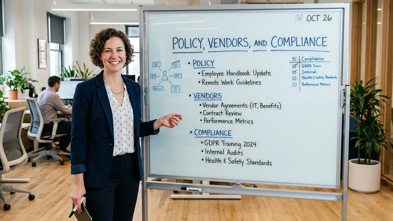 A woman presents in front of a whiteboard that features the terms "policy" and "compliance"