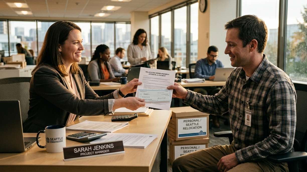 A man and woman sit at a desk, reviewing paperwork together in a professional setting