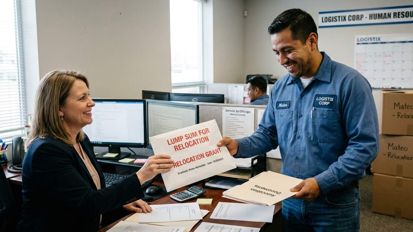 A man and woman stand by a desk displaying a sign, engaged in conversation