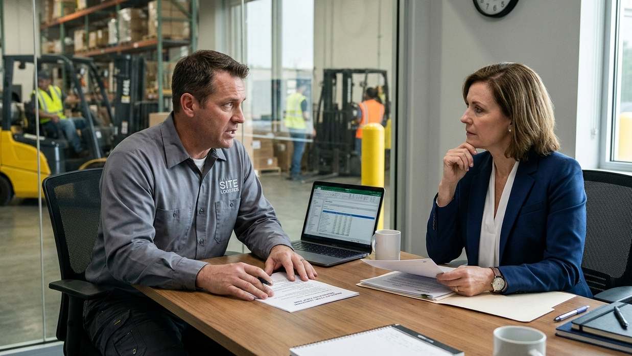 A man and woman seated at a table in an office, engaged in conversation and reviewing documents
