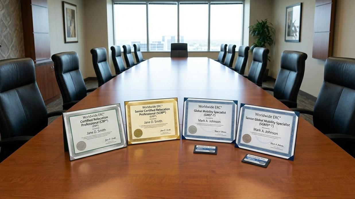 Four awards are arranged on a conference table
