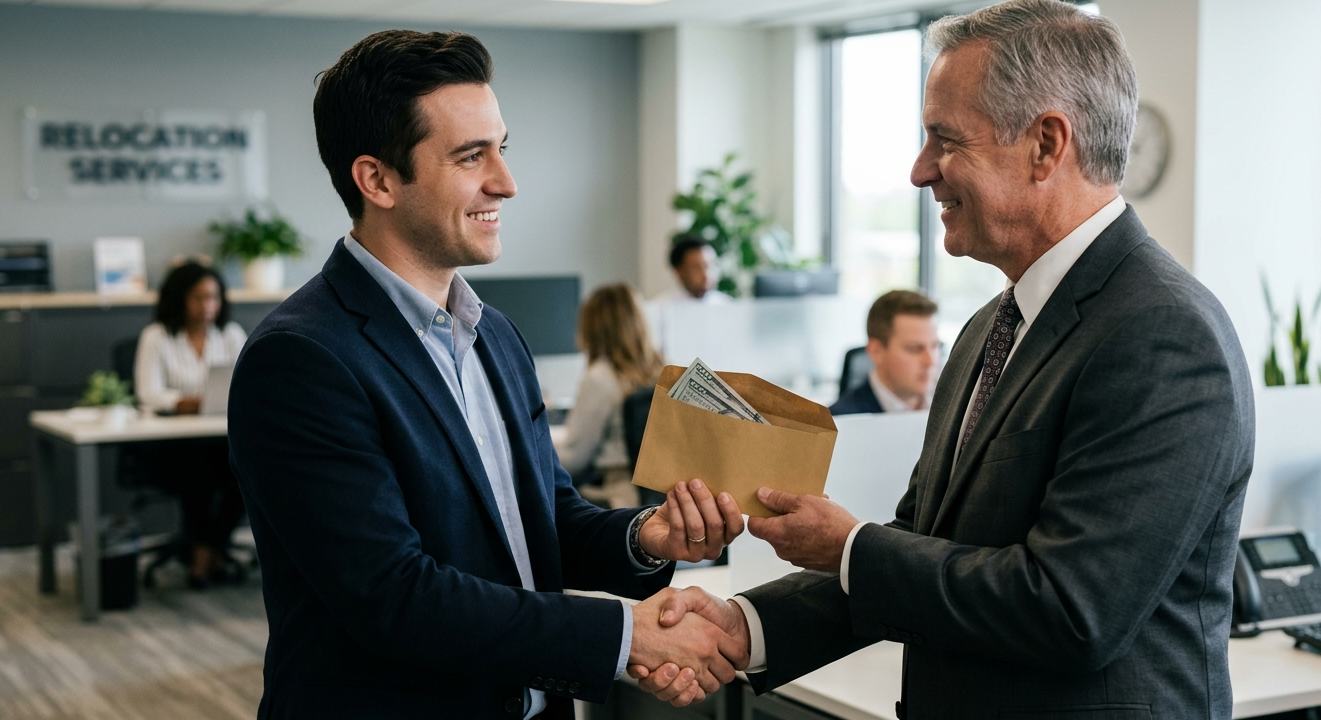 Employer handing relocation package envelope to employee at relocation services office