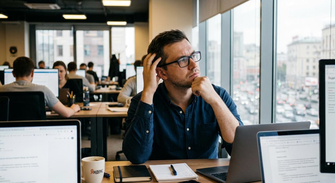 Employee thinking about relocation tax questions at office desk with laptop