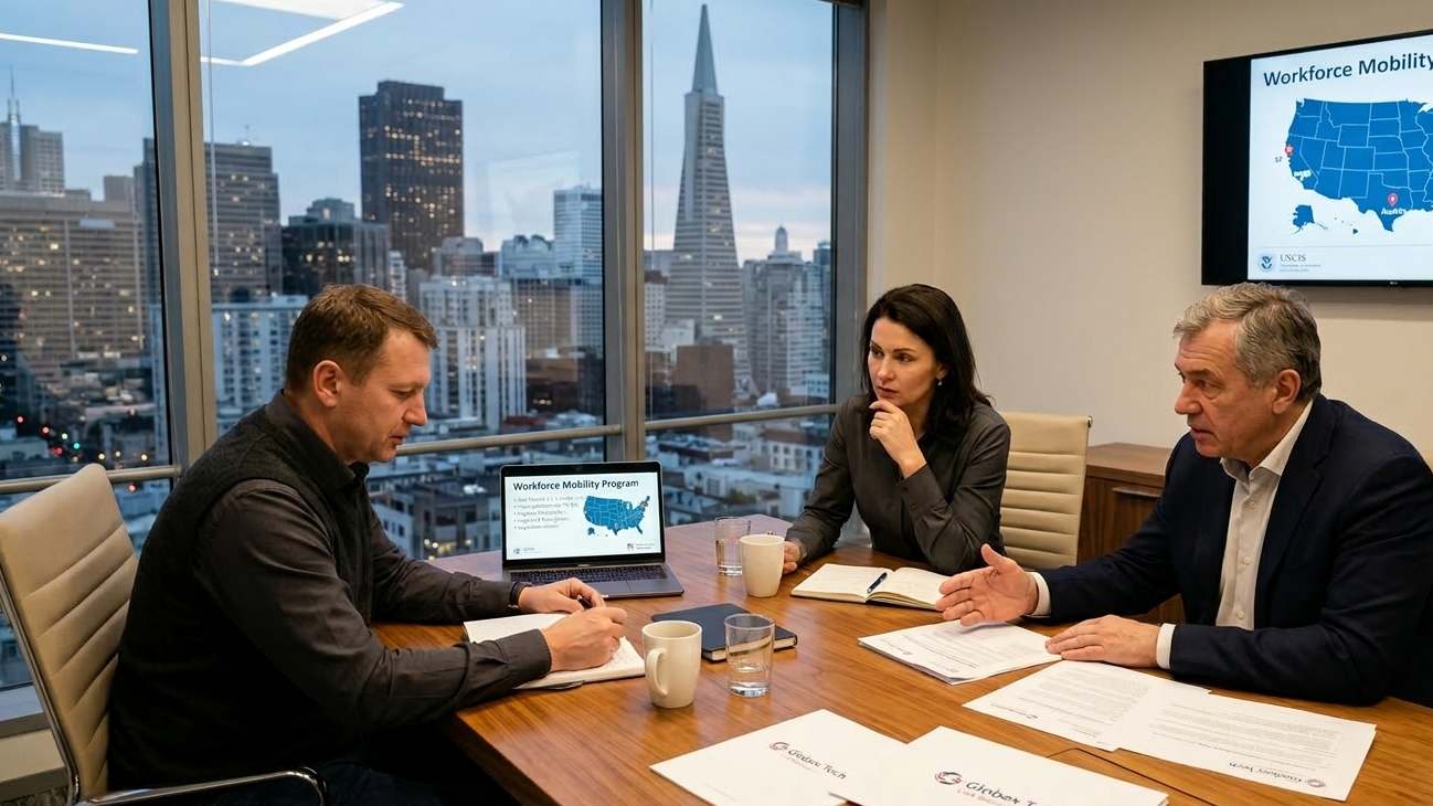 HR managers reviewing workforce mobility program and US relocation strategy in a conference room