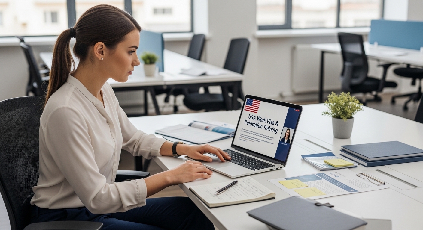 HR manager completing USA work visa and relocation training course on laptop