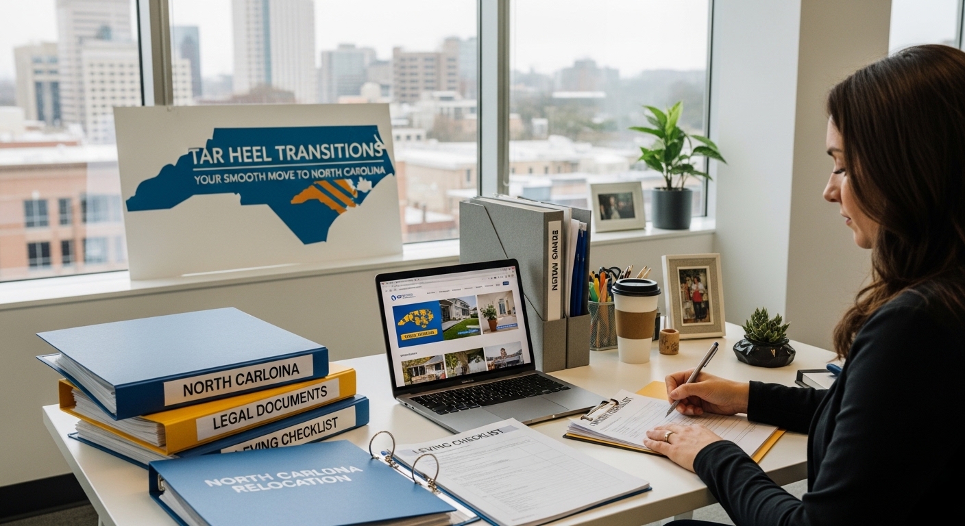 Relocation specialist planning corporate move to Raleigh North Carolina with legal documents and moving checklist