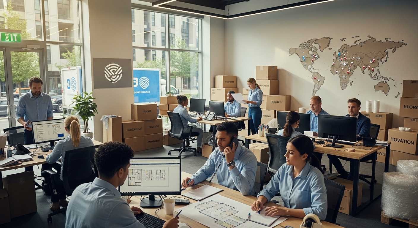 Corporate relocation team coordinating headquarters move with packed boxes and office floor plans